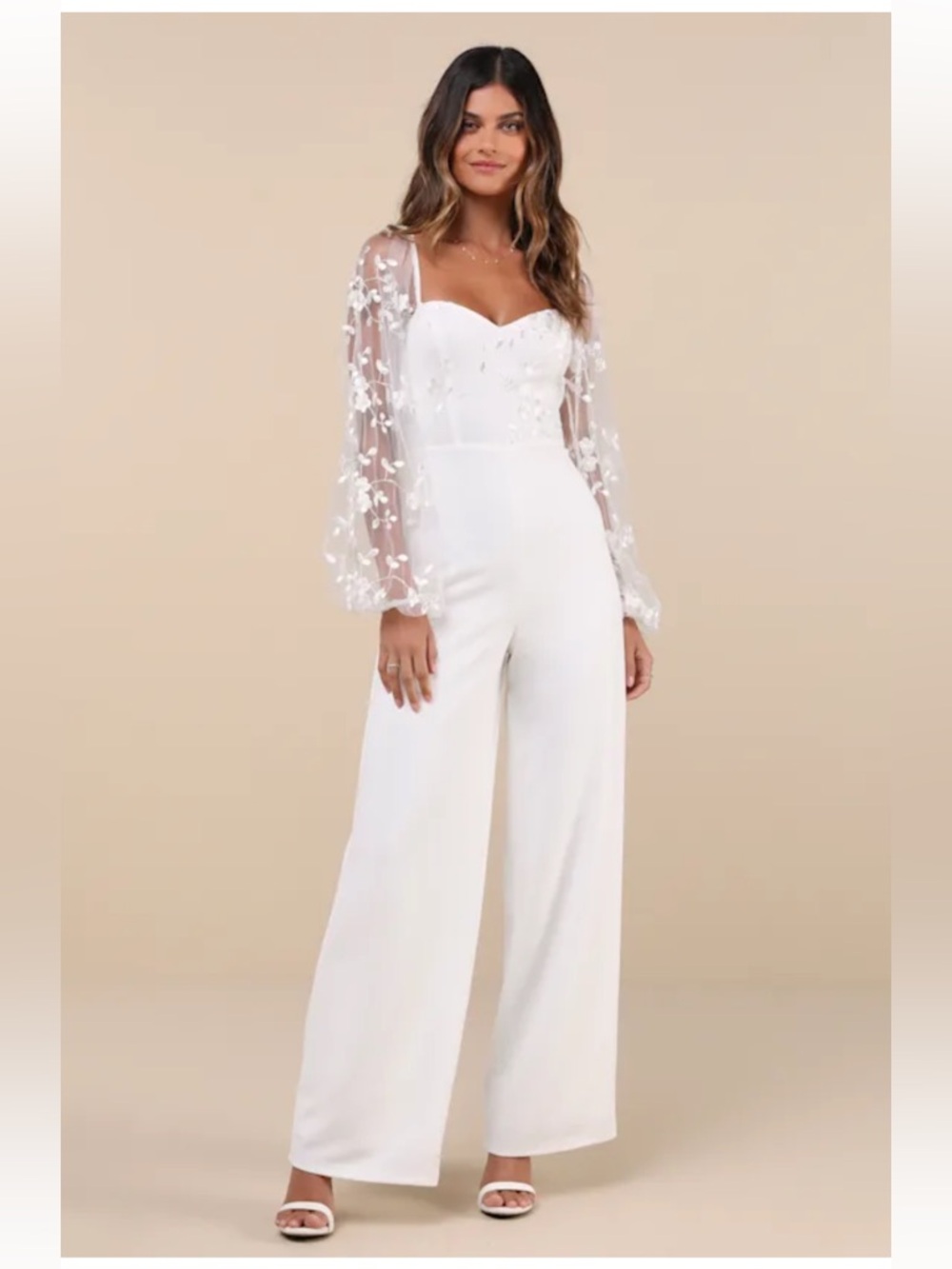 NWT Lulus Darling Charisma White Mesh Embroidered Jumpsuit